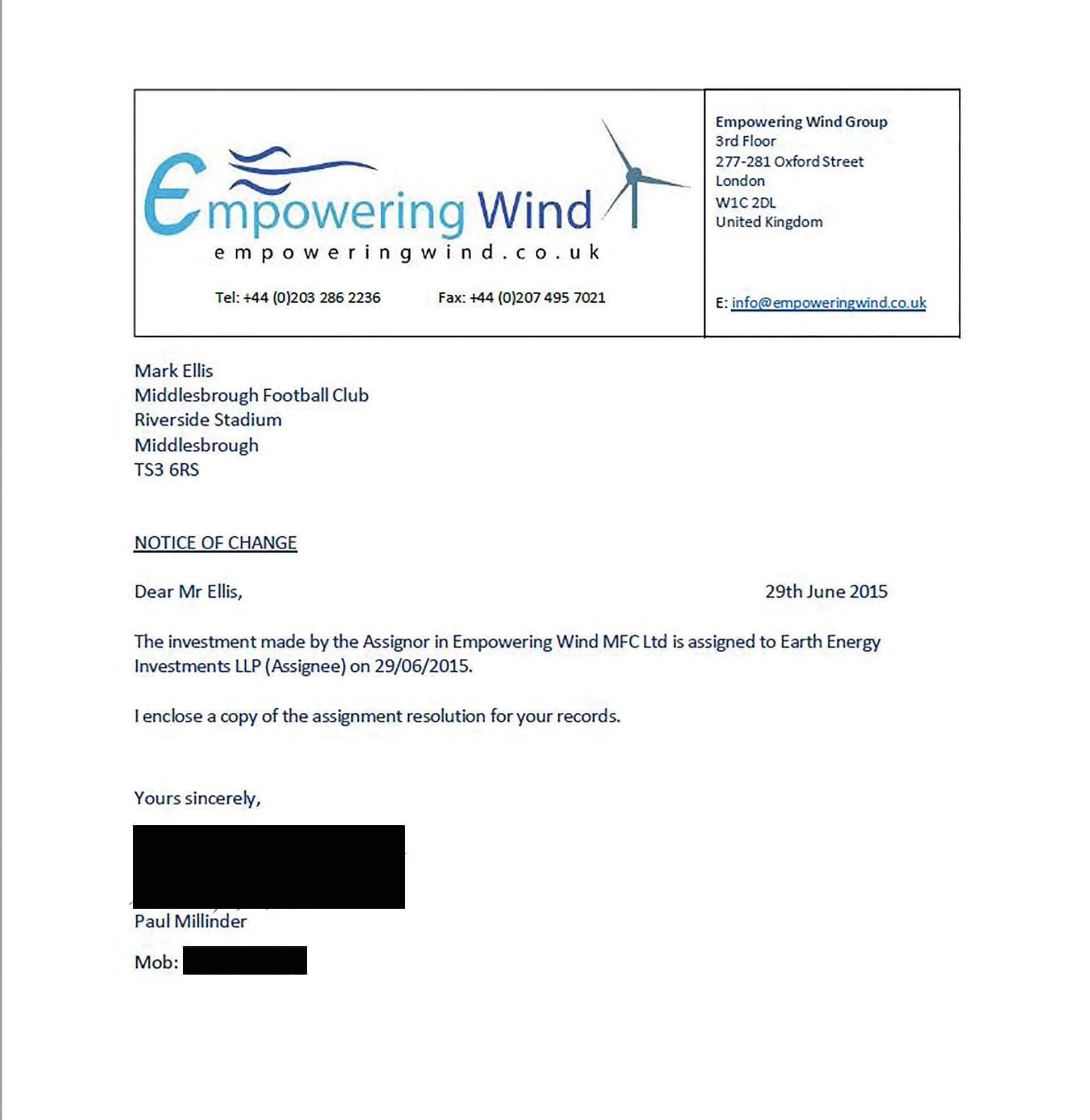 The EEI notice of assignment served on Middlesbrough Football Club on 30 June 2015 (page 1 of 2). Lord Justice Nugee defaced evidence !