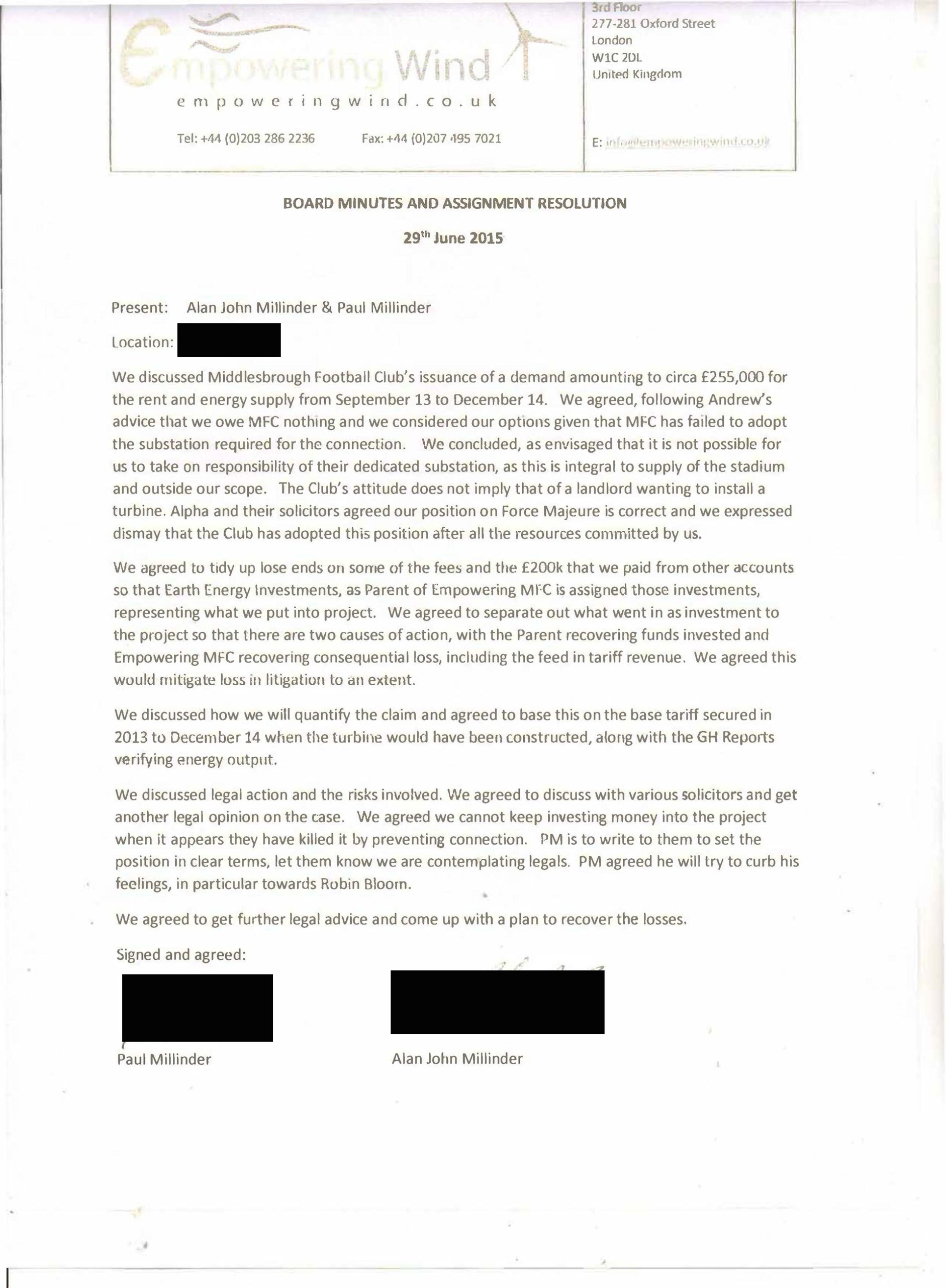 The 29 June 2015 board minute and assignment resolution (page 2 of the 2 page assignment notice). 