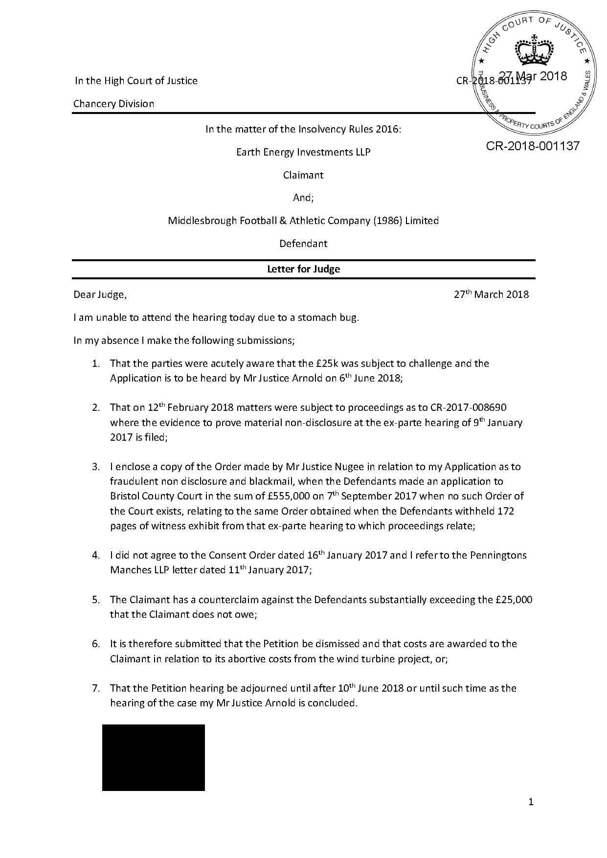 Earth Energy Investments LLP letter to ICC Judge Barber sealed on 27 March 2018