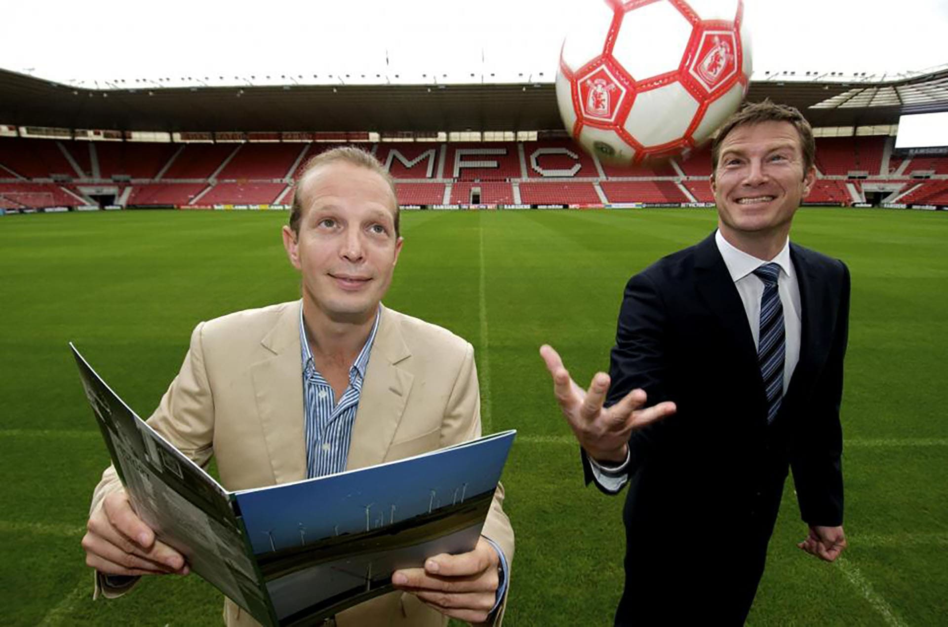 HAPPIER TIMES: Empowering Wind chief executive Paul Millinder, left, and Middlesbrough FC chief executive Neil Bausor launching the renewable energy scheme in 2013