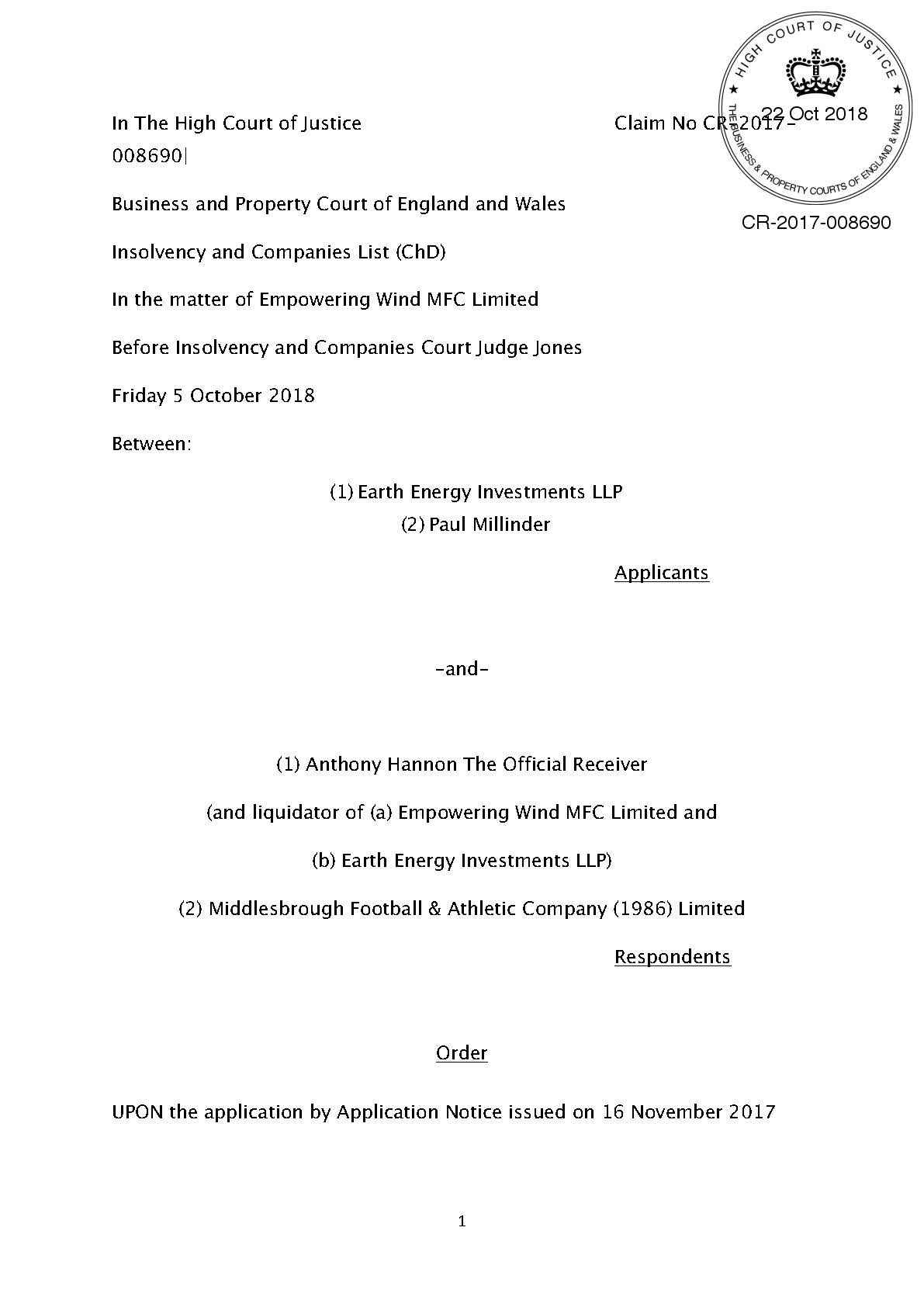 ICC Judge Jones fraudulent order of 5 October 2018