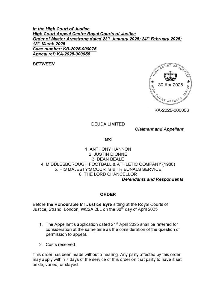 Order by Mr Justice Eyre dated 30 April 2025.