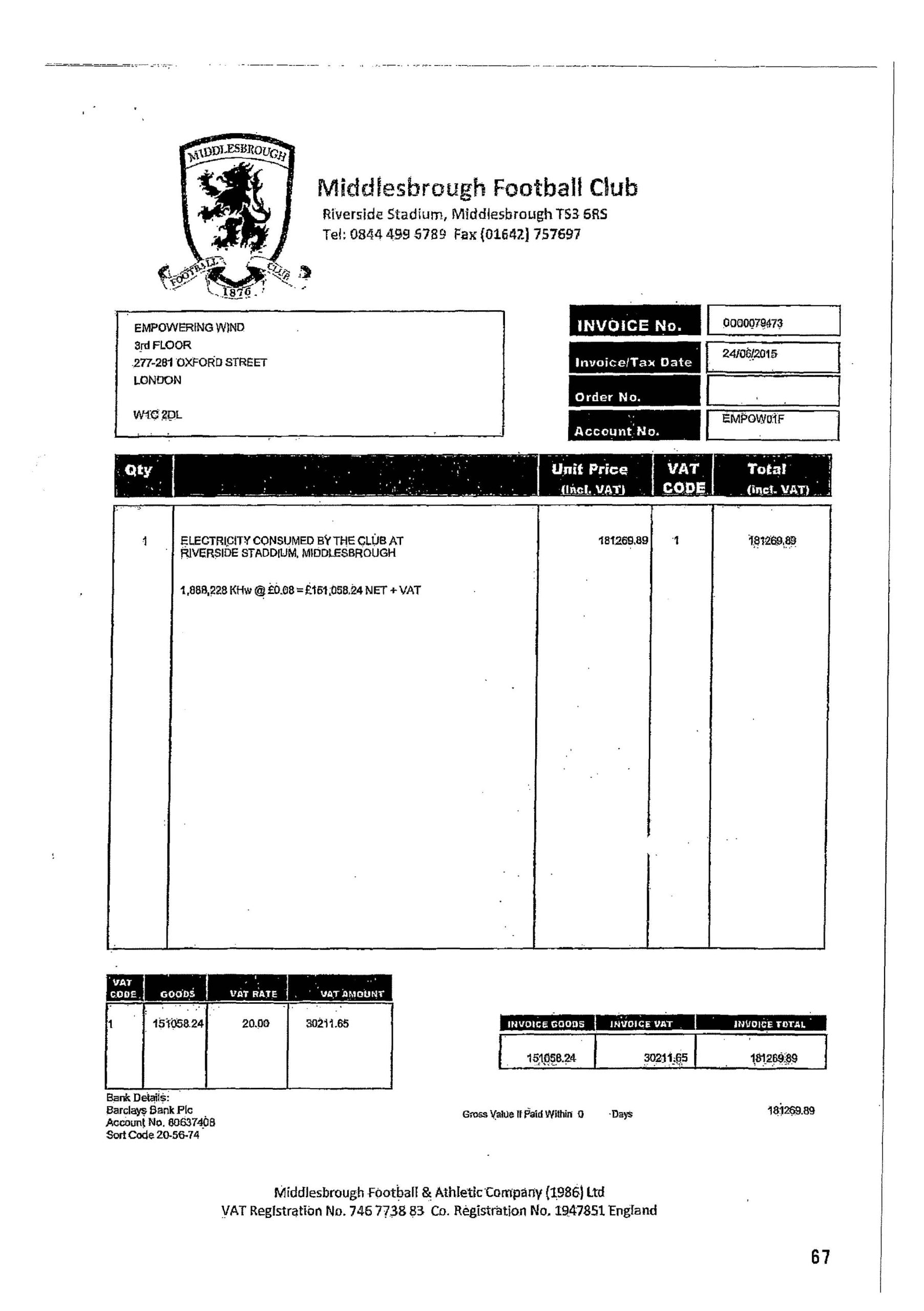 Page 67 of the Club's 9 January 2017 ex-parte hearing bundle is an invoice for energy supply in the sum of £181,269.89