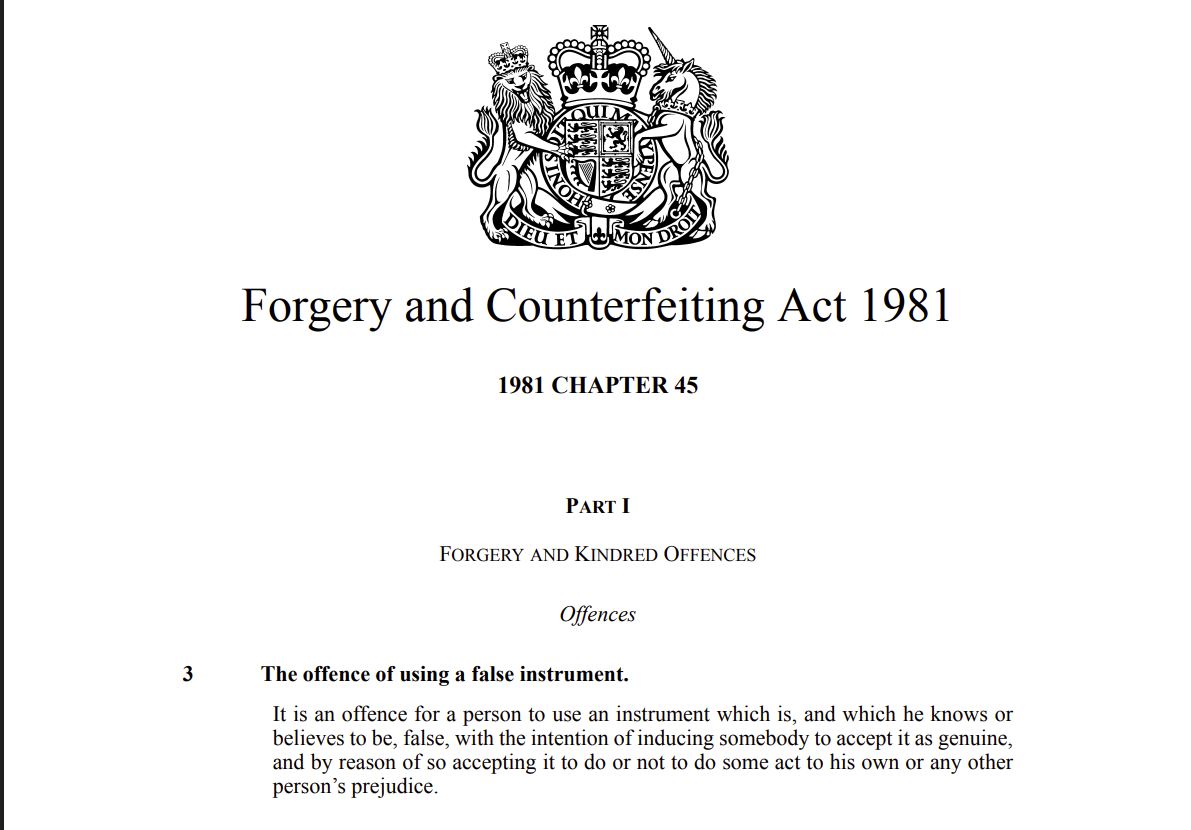 Forgery & Counterfeiting Act 1981 - Section 3 - Using a false instrument