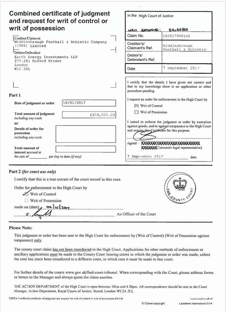 The High Court Writ false instrument application made to Bristol County Court on 7 September 2017 by the lawyers acting for Middlesbrough FC !
