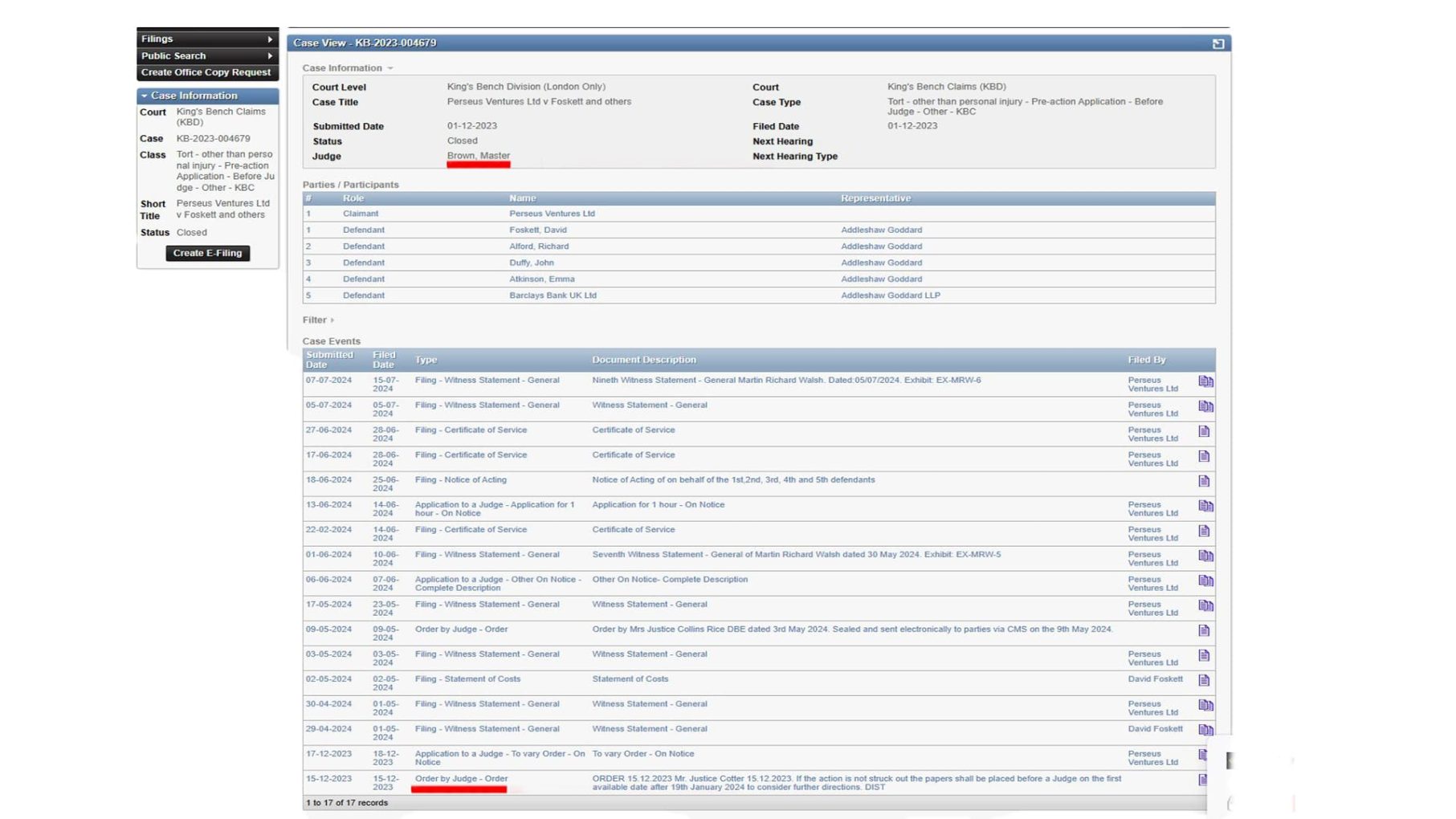 A screenshot showing the CE File case view where Master Brown took the Claimant's interim application bundle of 317-pages off the court file.