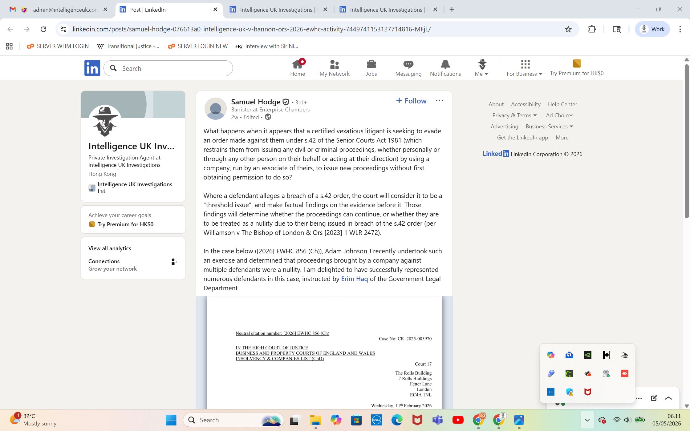 The article published by Samuel Hodge of Enterprise Chambers on his LinkedIn we discovered on 5 May 2026. 