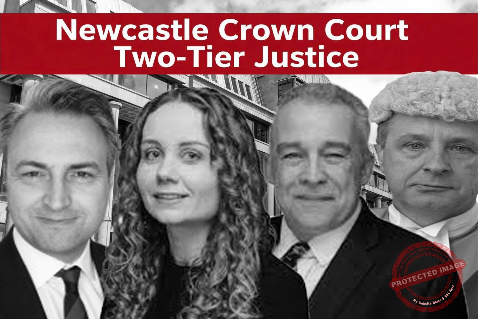 THE SUBJECTS. Left: James Palmer -CPS Crown Prosecutor. Next left: Jemima Stephenson. Next right: Nick Cartmell. Far right: Former Judge HHJ Christopher Prince.